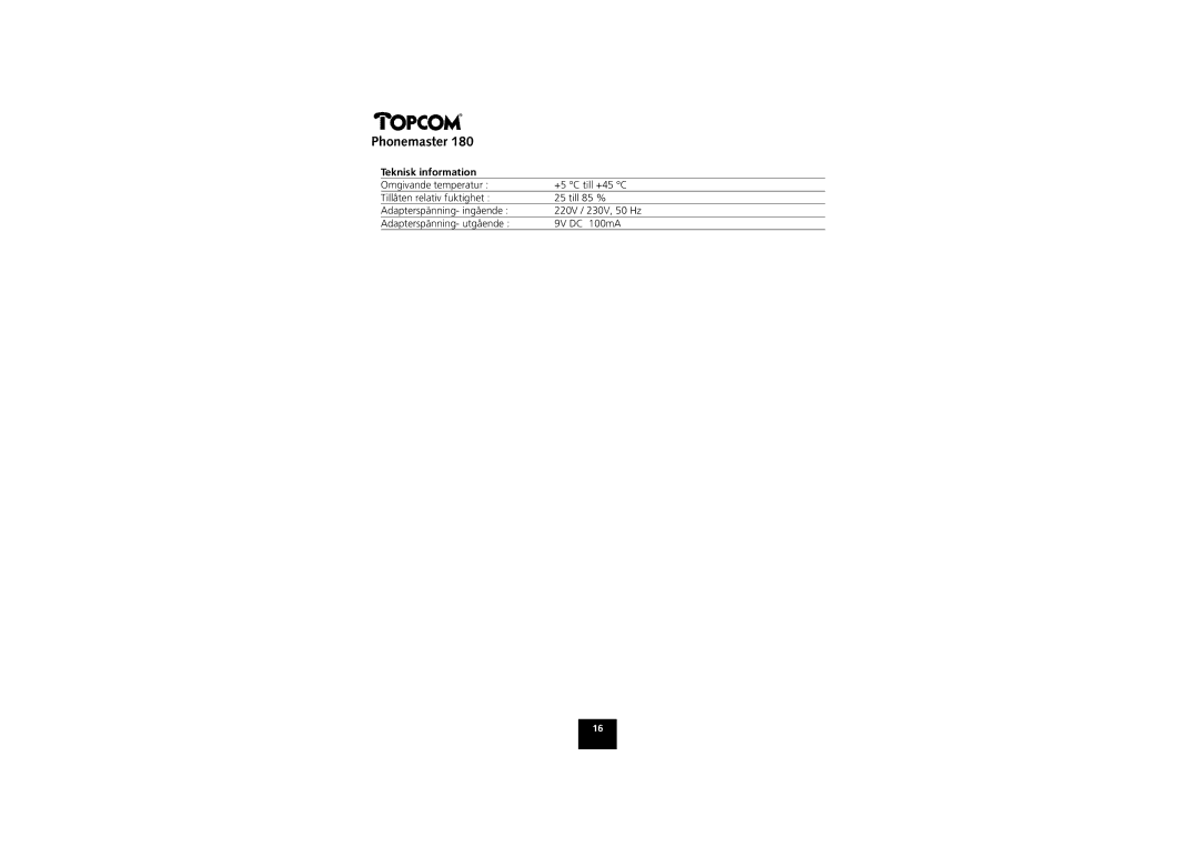 Topcom 180 manual Teknisk information 