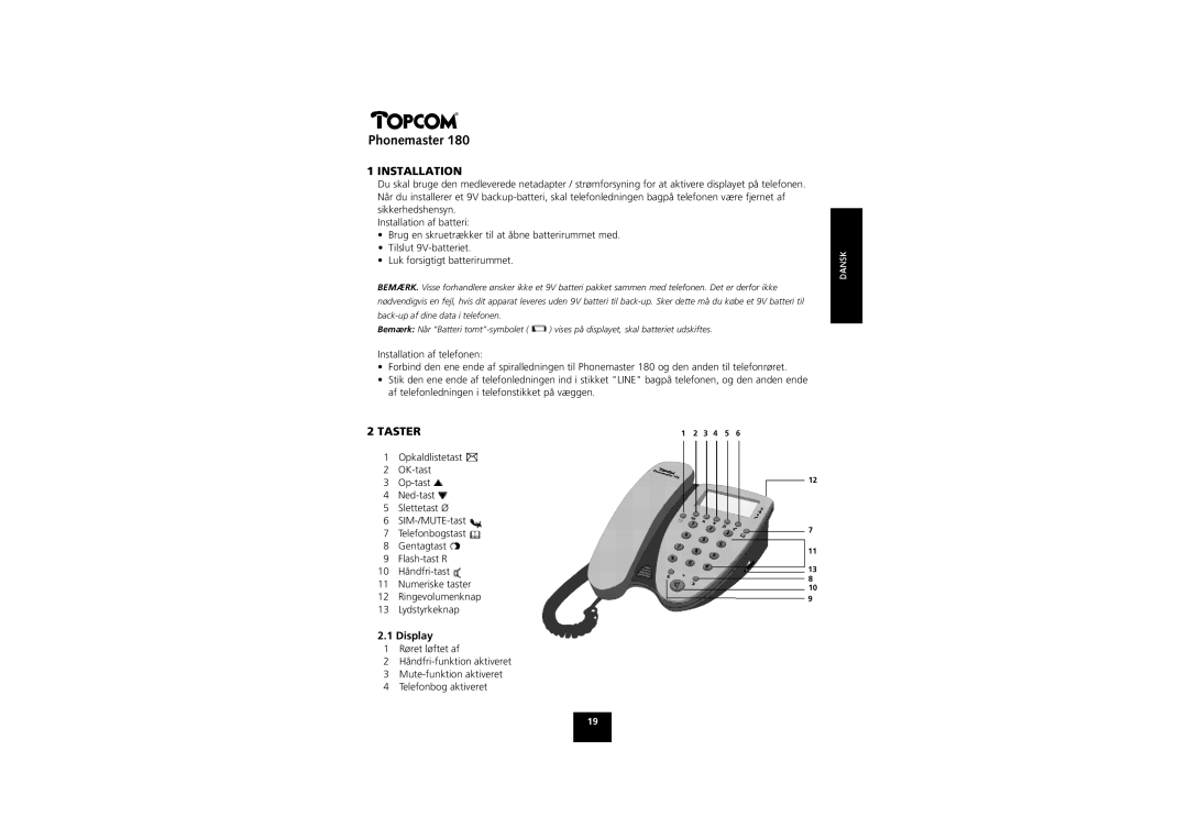 Topcom 180 manual Installation, Taster 