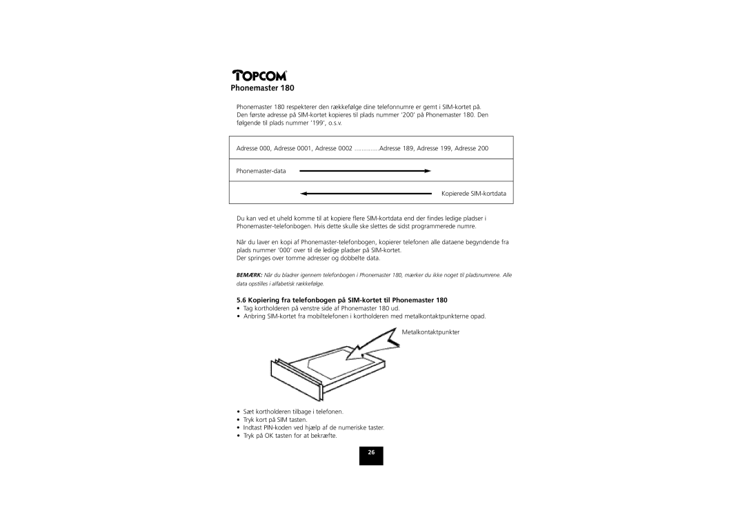 Topcom 180 manual Phonemaster-data Kopierede SIM-kortdata, Kopiering fra telefonbogen på SIM-kortet til Phonemaster 