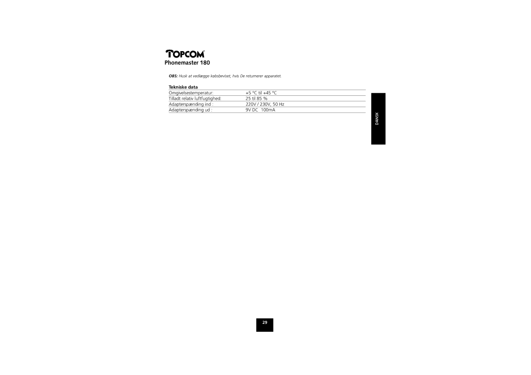 Topcom 180 manual Tekniske data 