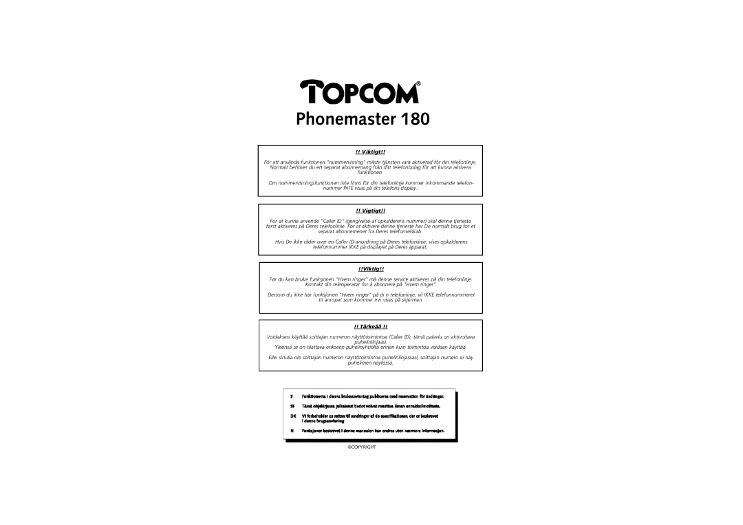 Topcom 180 manual Viktigt 