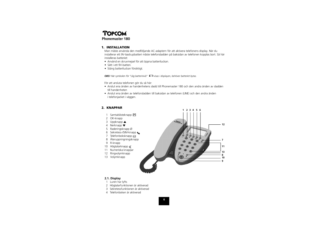 Topcom 180 manual Installation, Knappar, Display 