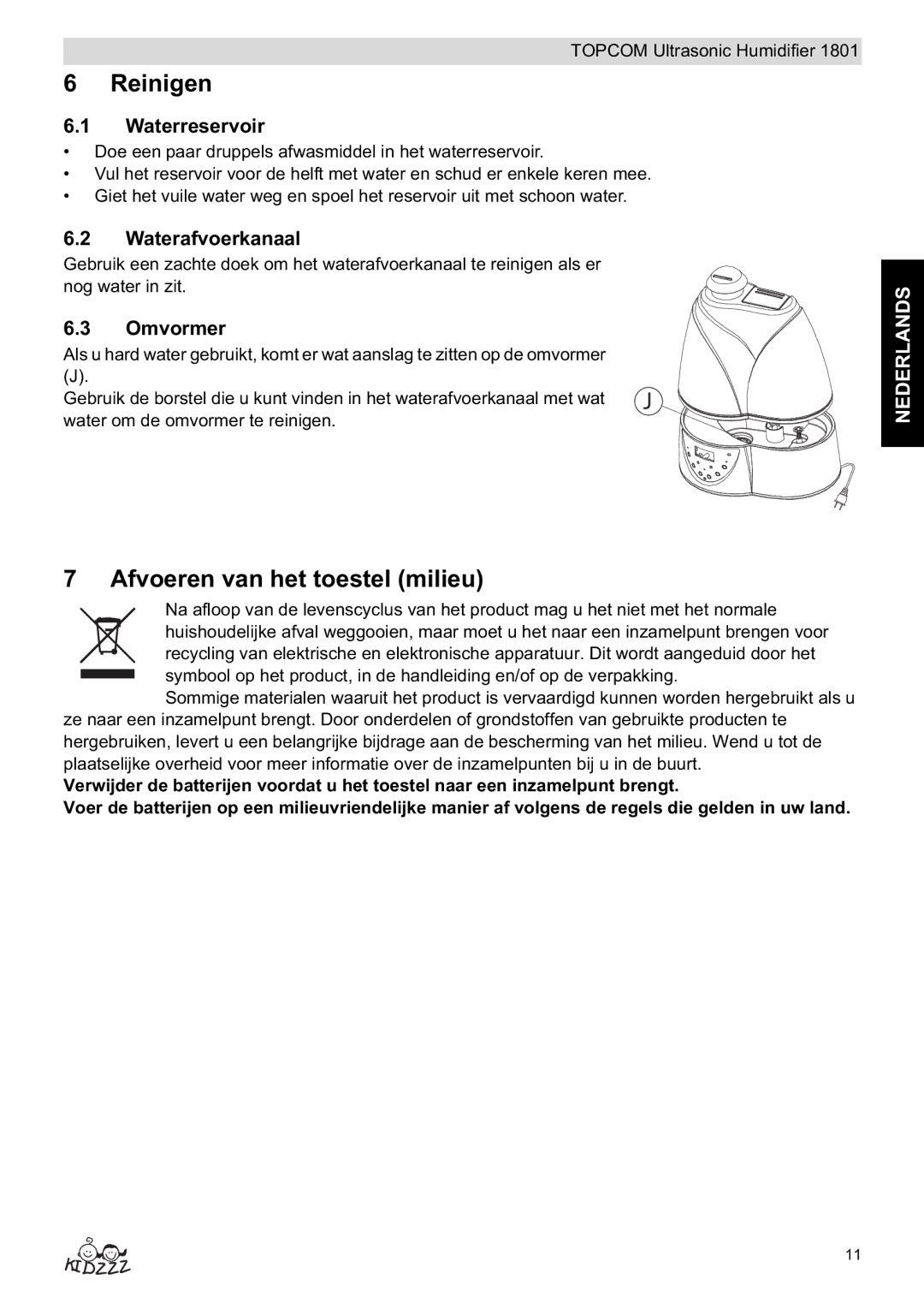 Topcom 1801 manual do utilizador Reinigen, Afvoeren van het toestel milieu, Waterreservoir, Waterafvoerkanaal, Omvormer 