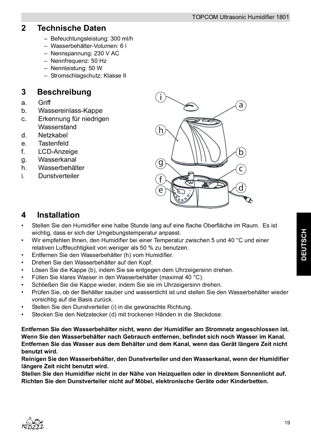 Topcom 1801 manual do utilizador Technische Daten, Beschreibung 