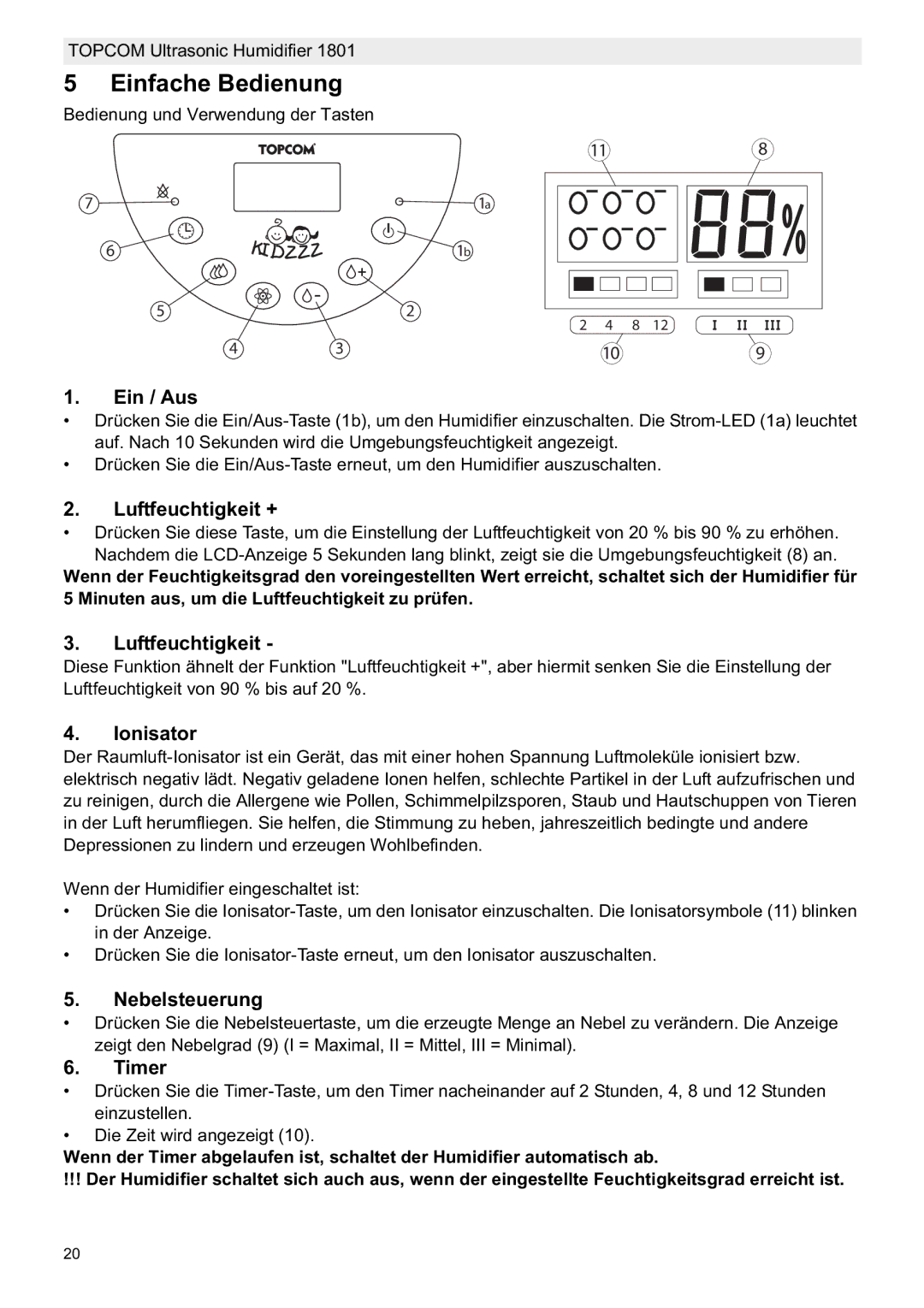 Topcom 1801 manual do utilizador Einfache Bedienung, Ein / Aus, Luftfeuchtigkeit +, Nebelsteuerung 