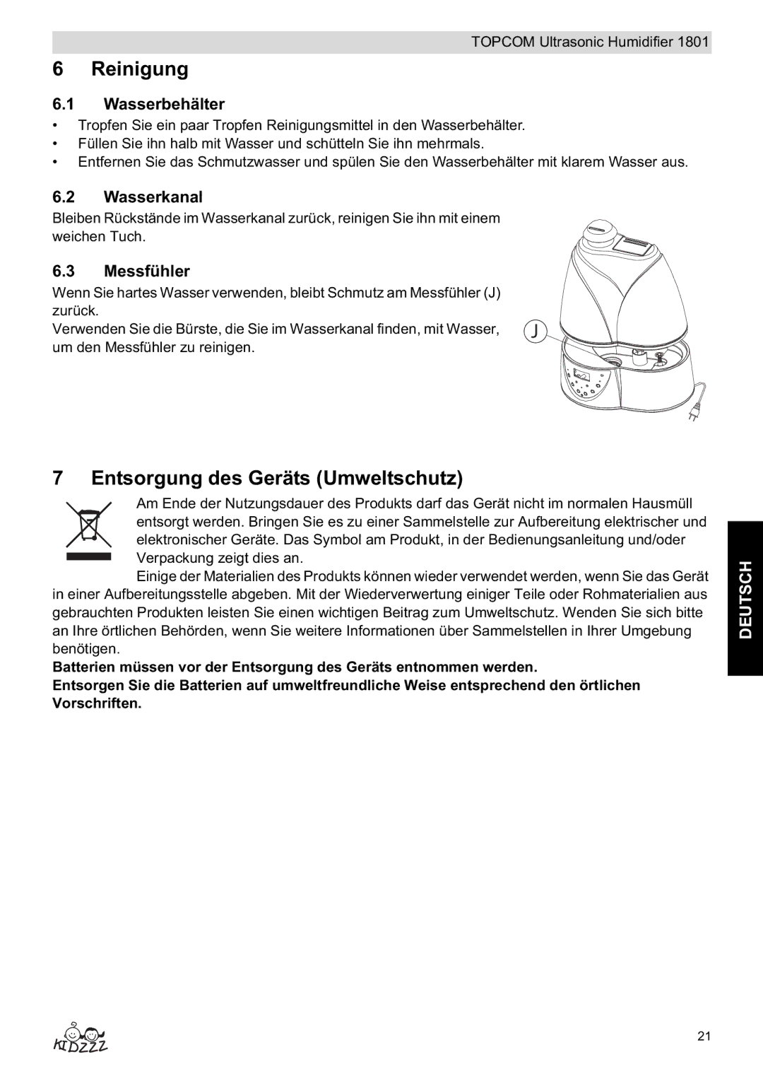 Topcom 1801 manual do utilizador Reinigung, Entsorgung des Geräts Umweltschutz, Wasserbehälter, Wasserkanal, Messfühler 