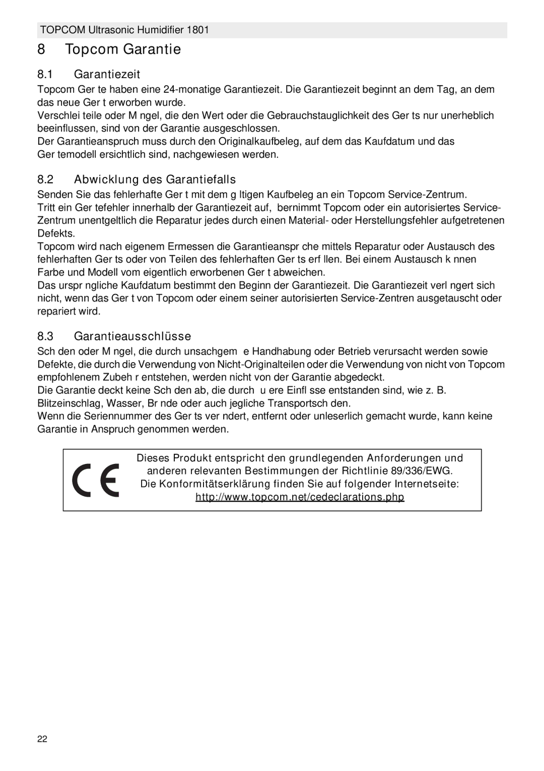 Topcom 1801 manual do utilizador Topcom Garantie, Garantiezeit, Abwicklung des Garantiefalls, Garantieausschlüsse 