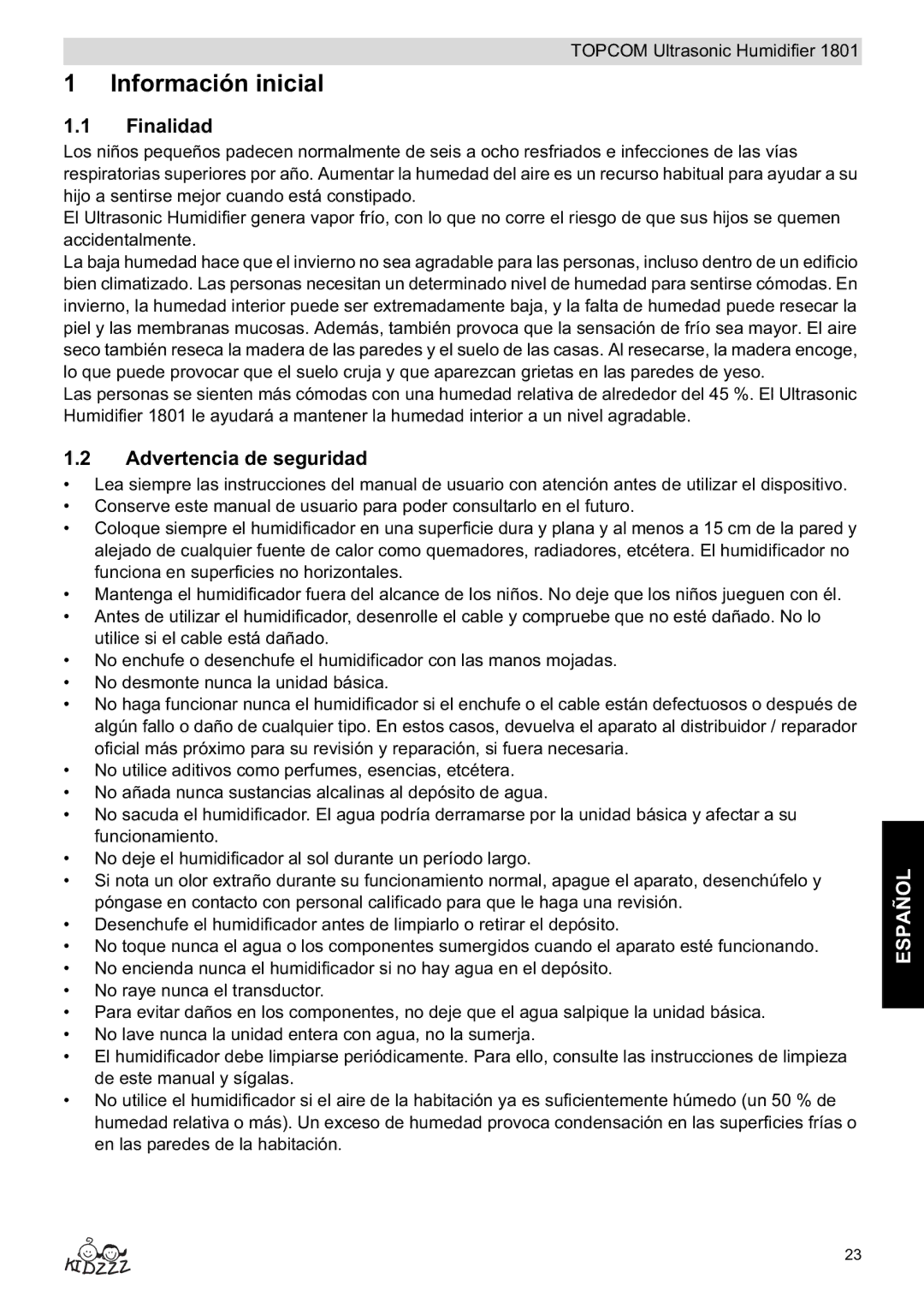 Topcom 1801 manual do utilizador Información inicial, Finalidad, Advertencia de seguridad 