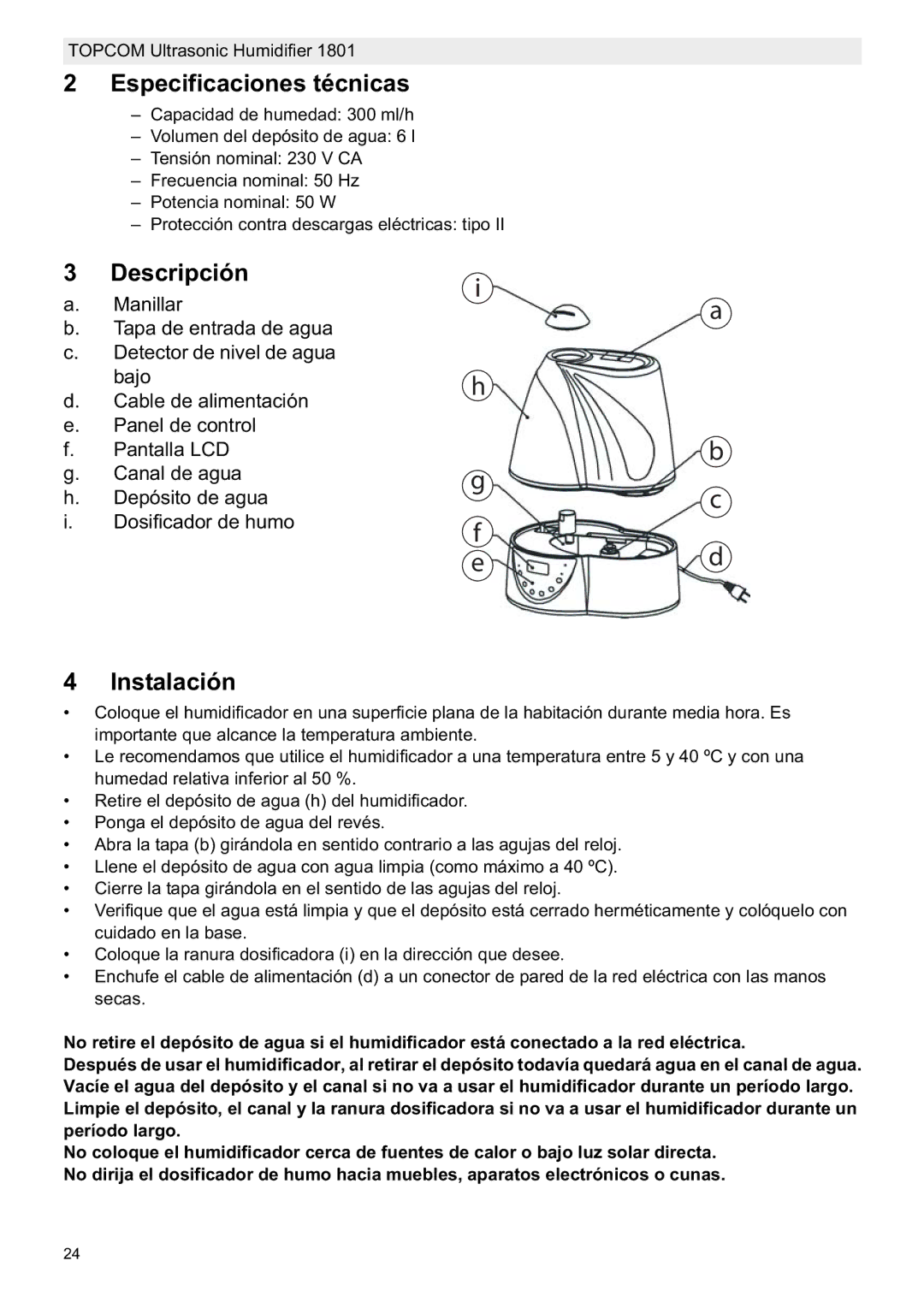 Topcom 1801 manual do utilizador Especificaciones técnicas, Descripción, Instalación 