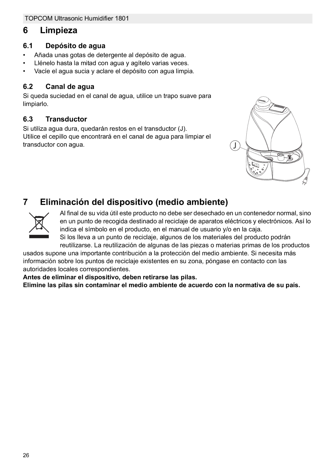 Topcom 1801 Limpieza, Eliminación del dispositivo medio ambiente, Depósito de agua, Canal de agua, Transductor 