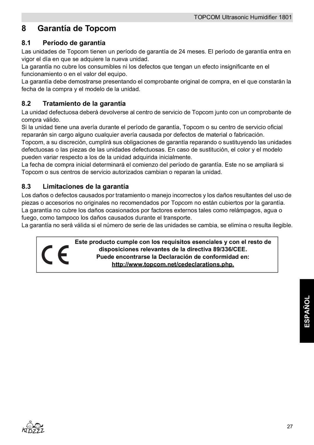 Topcom 1801 Garantía de Topcom, Período de garantía, Tratamiento de la garantía, Limitaciones de la garantía 