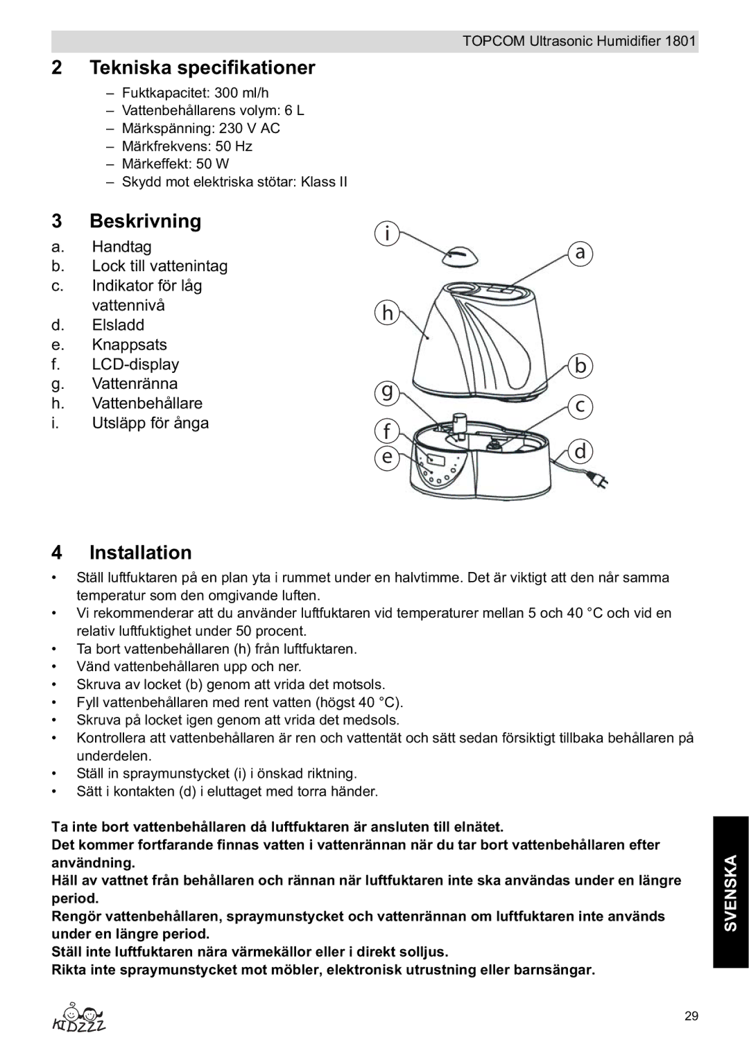 Topcom 1801 manual do utilizador Tekniska specifikationer, Beskrivning 