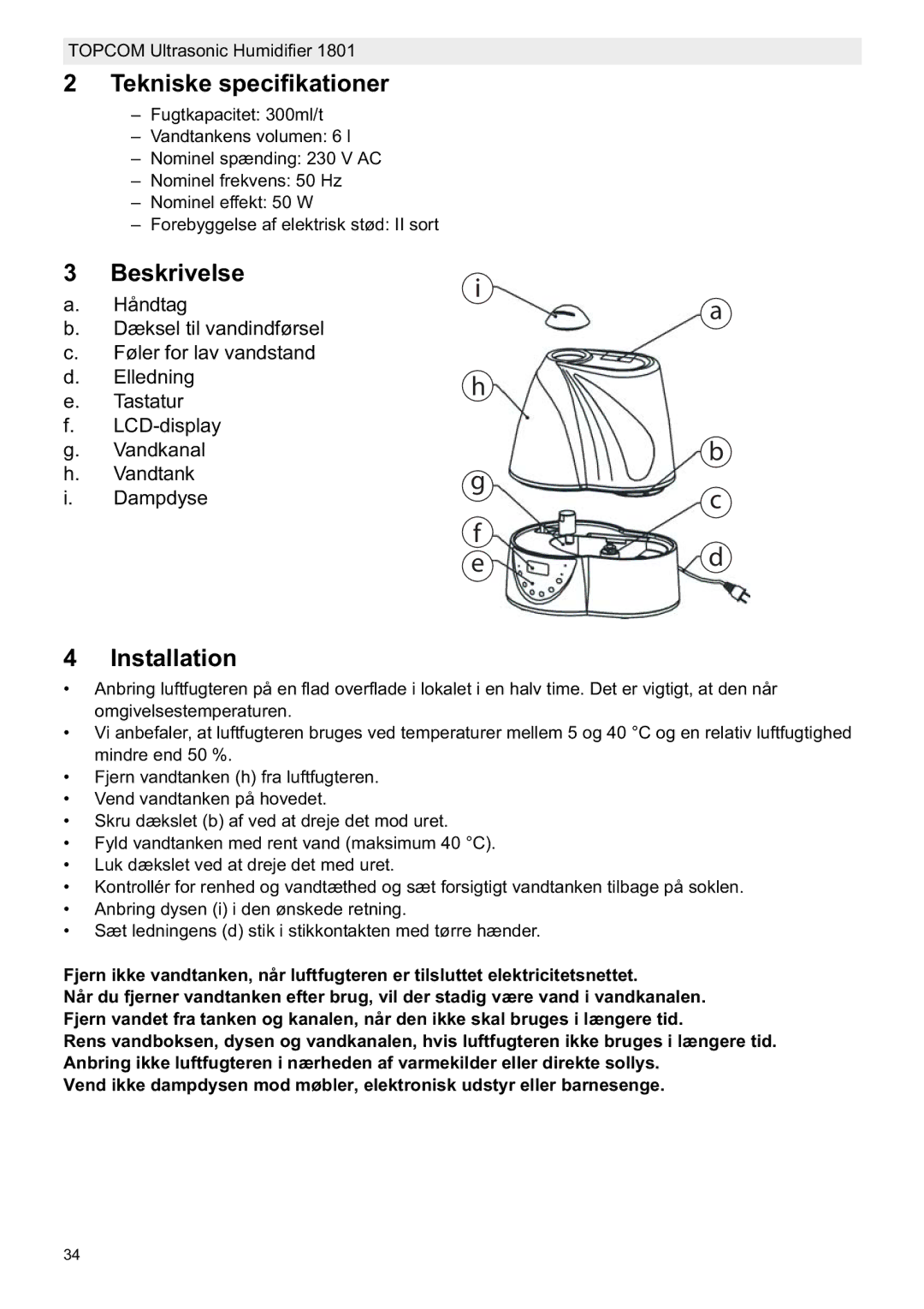 Topcom 1801 manual do utilizador Tekniske specifikationer, Beskrivelse 