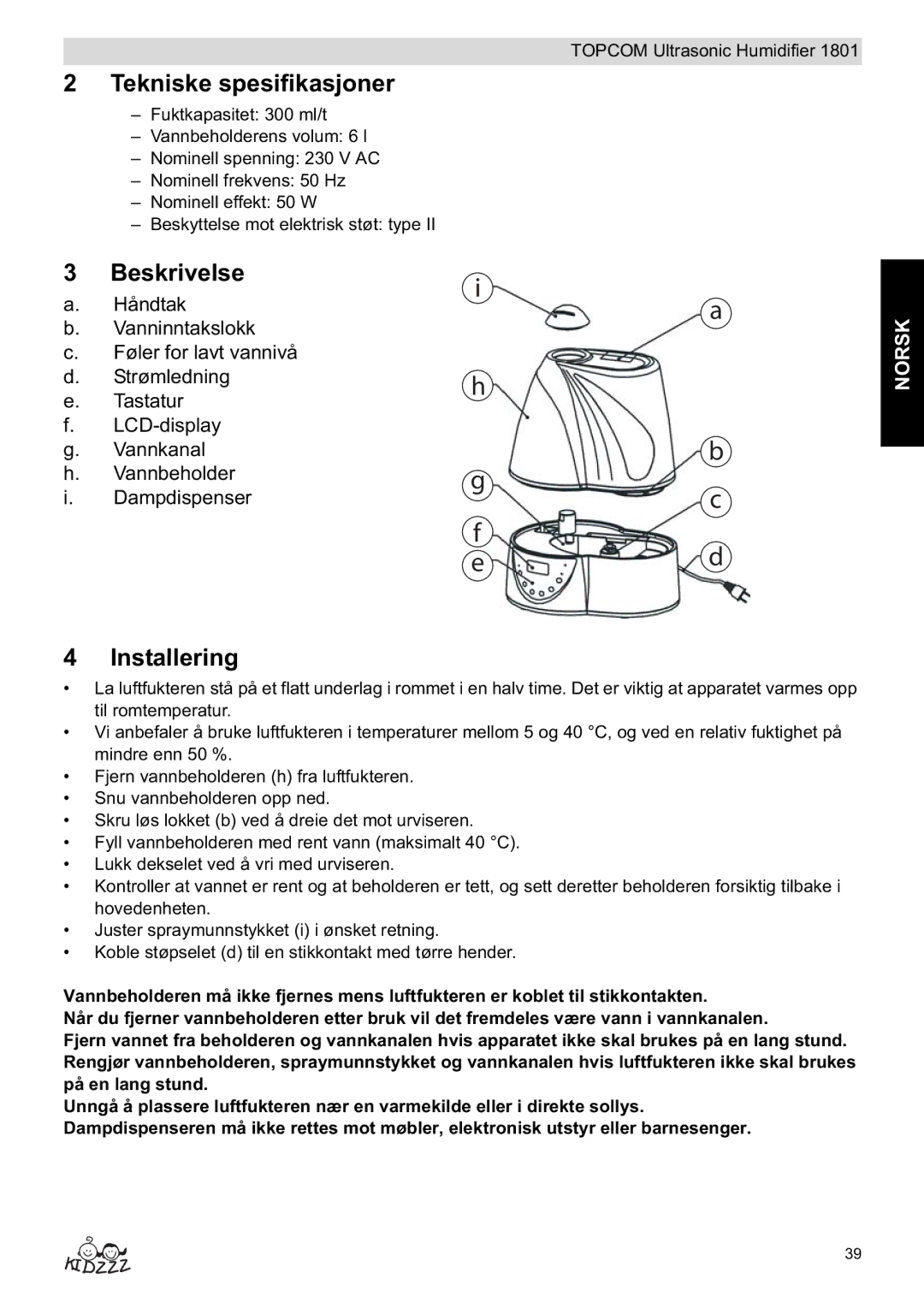 Topcom 1801 manual do utilizador Tekniske spesifikasjoner, Installering 