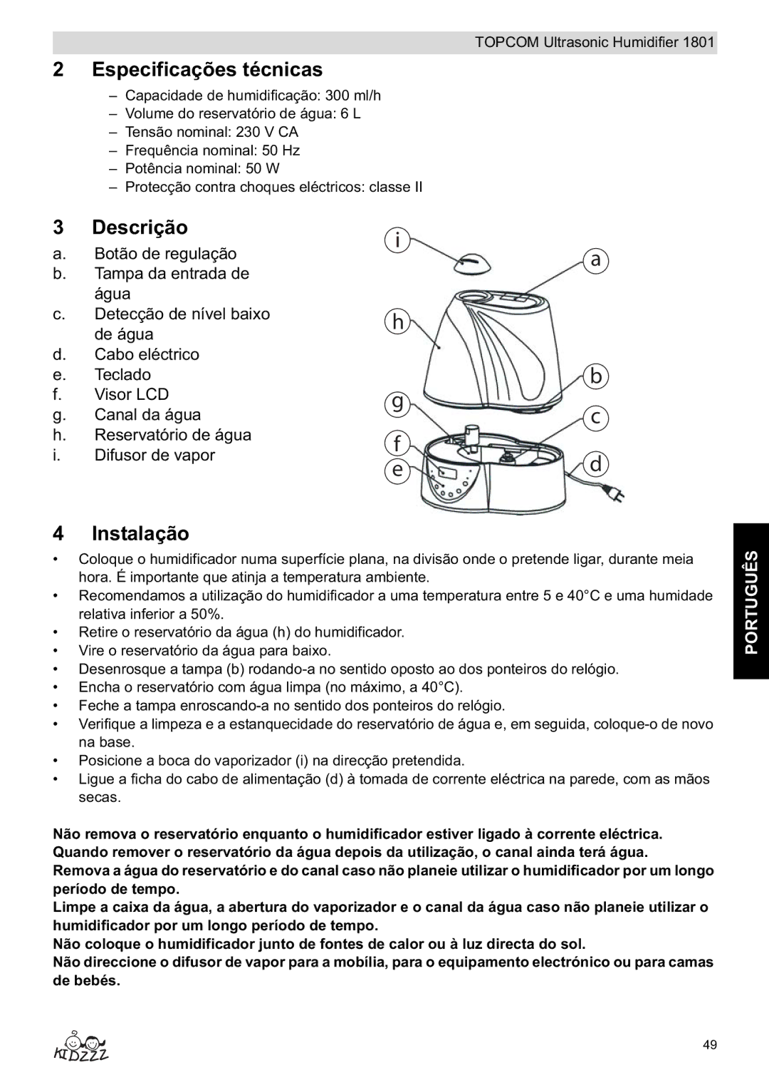 Topcom 1801 manual do utilizador Especificações técnicas, Descrição, Instalação 