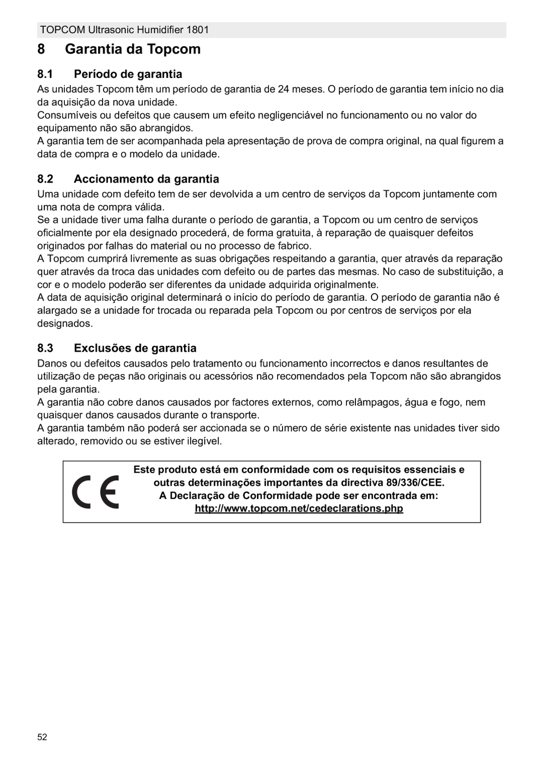 Topcom 1801 manual do utilizador Garantia da Topcom, Período de garantia, Accionamento da garantia, Exclusões de garantia 