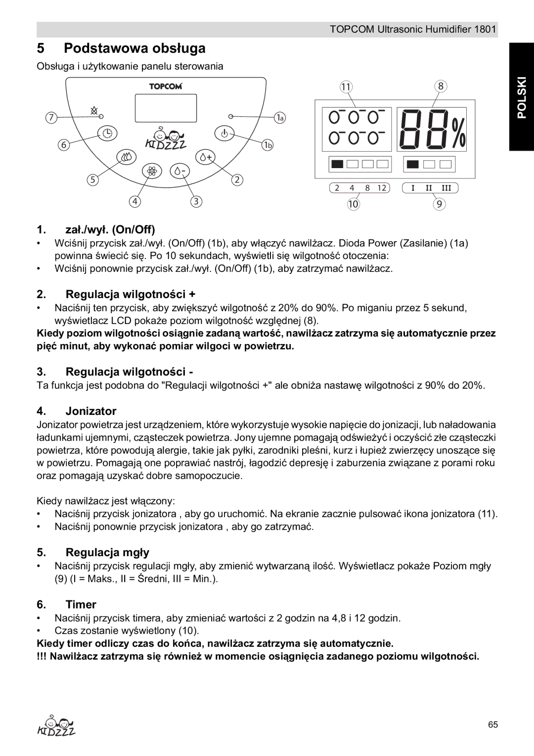 Topcom 1801 manual do utilizador Podstawowa obs, Regulacja wilgotnoci +, Jonizator, Regulacja mg 