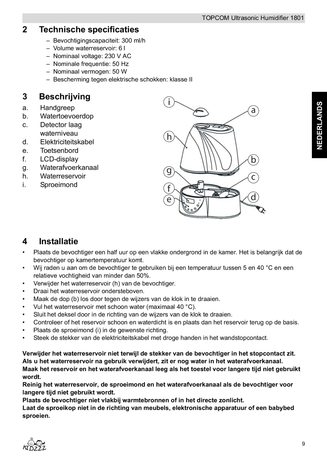 Topcom 1801 manual do utilizador Technische specificaties, Beschrijving, Installatie 