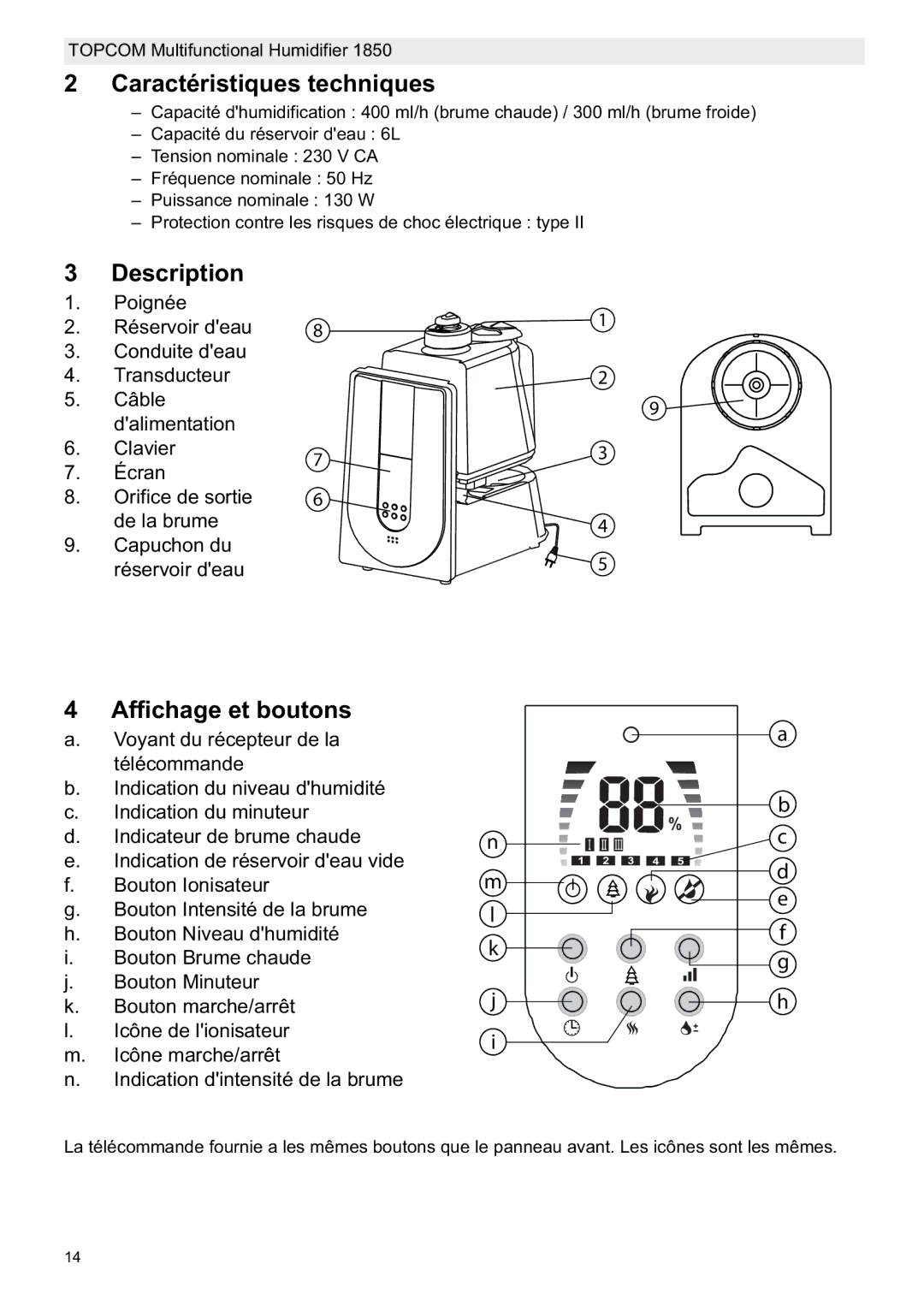 Topcom 1850 manual do utilizador Caractéristiques techniques, Affichage et boutons 