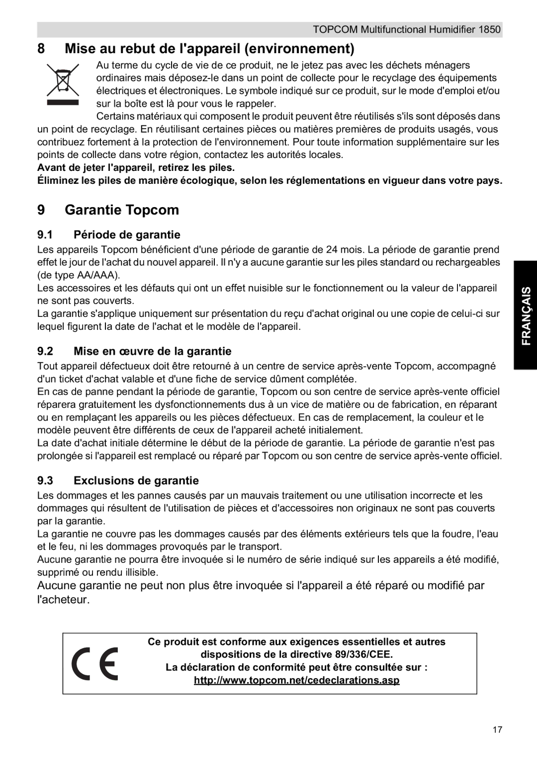 Topcom 1850 Mise au rebut de lappareil environnement, Garantie Topcom, Période de garantie, Mise en œuvre de la garantie 