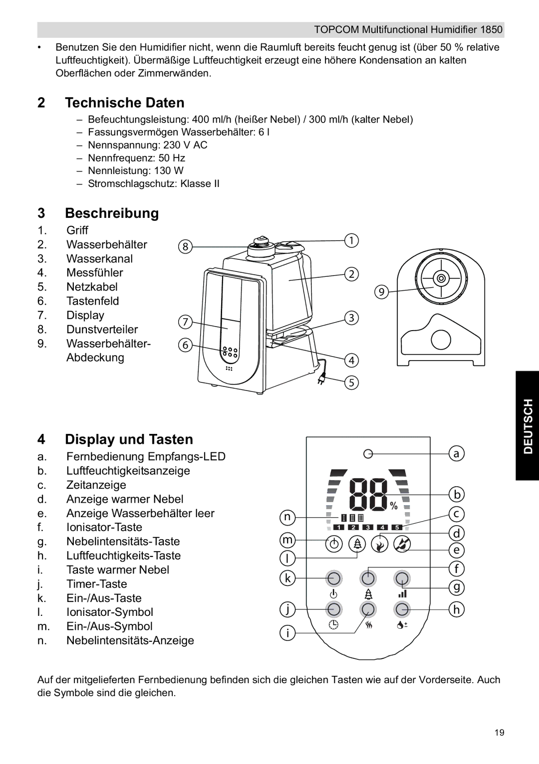 Topcom 1850 manual do utilizador Technische Daten, Beschreibung, Display und Tasten 