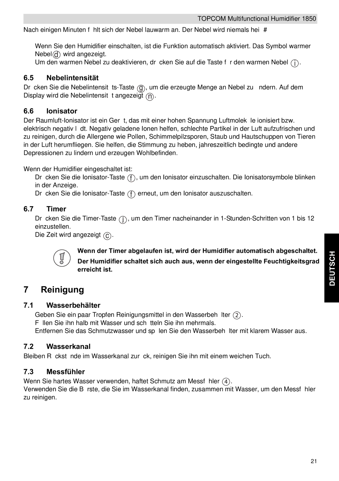 Topcom 1850 manual do utilizador Reinigung, Nebelintensität, Wasserbehälter, Wasserkanal, Messfühler 