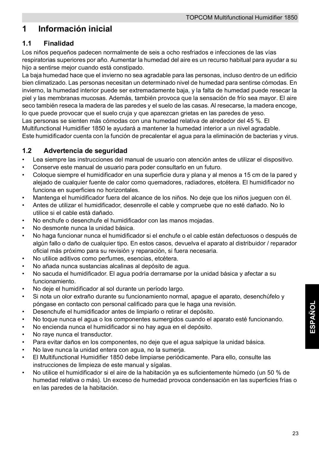 Topcom 1850 manual do utilizador Información inicial, Finalidad, Advertencia de seguridad 