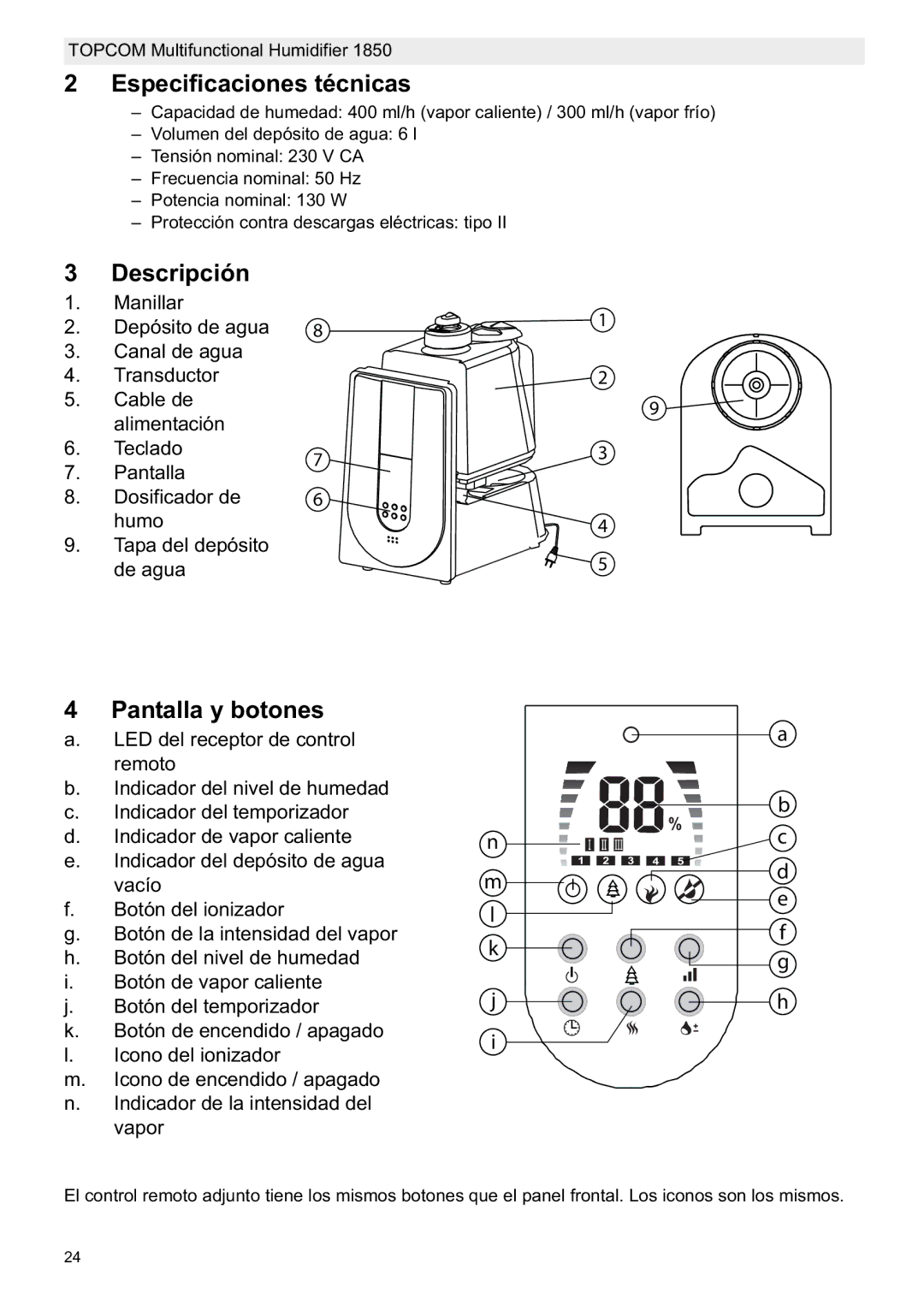 Topcom 1850 manual do utilizador Especificaciones técnicas, Descripción, Pantalla y botones 