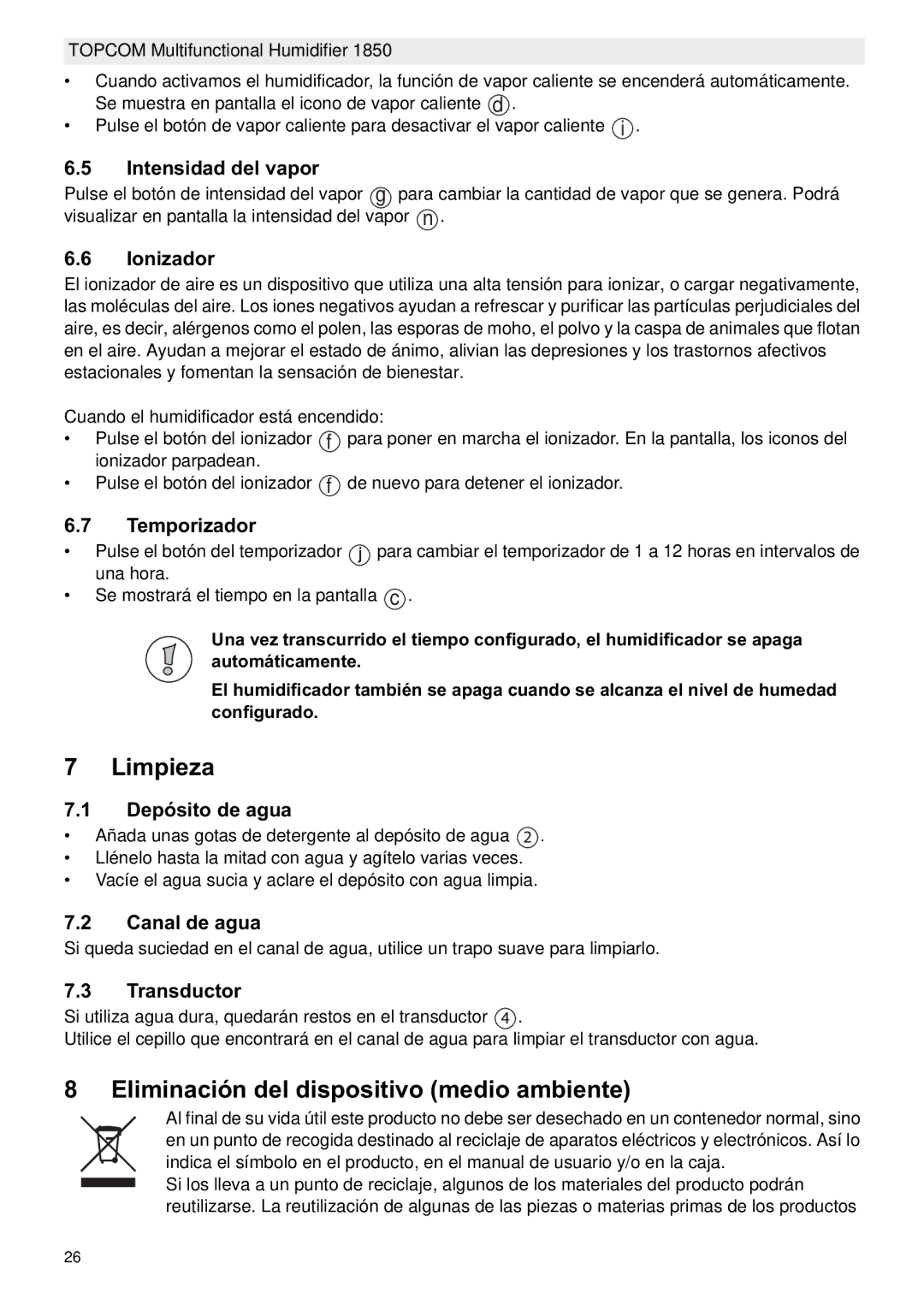 Topcom 1850 manual do utilizador Limpieza, Eliminación del dispositivo medio ambiente 