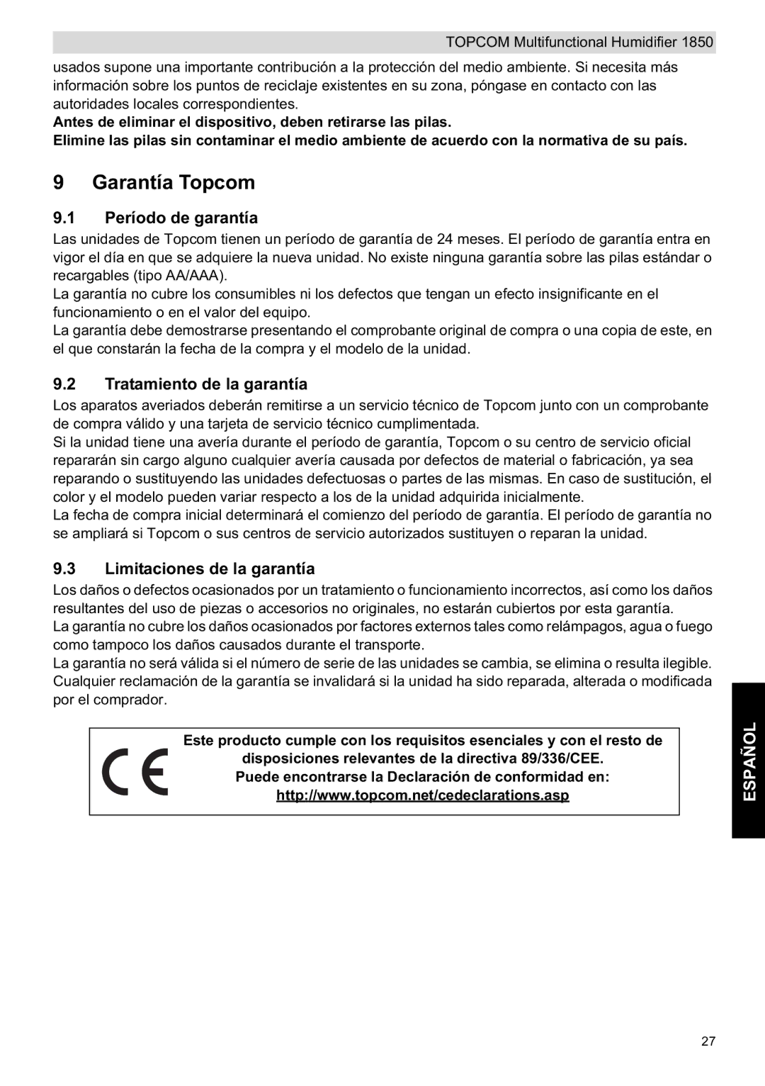 Topcom 1850 Garantía Topcom, Período de garantía, Tratamiento de la garantía, Limitaciones de la garantía 