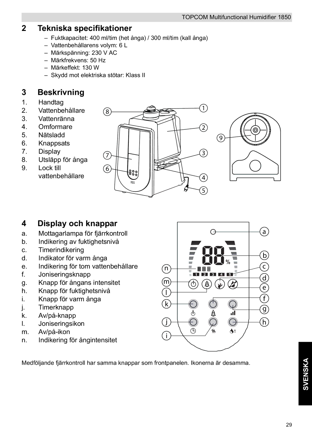 Topcom 1850 manual do utilizador Display och knappar, Tekniska specifikationer 