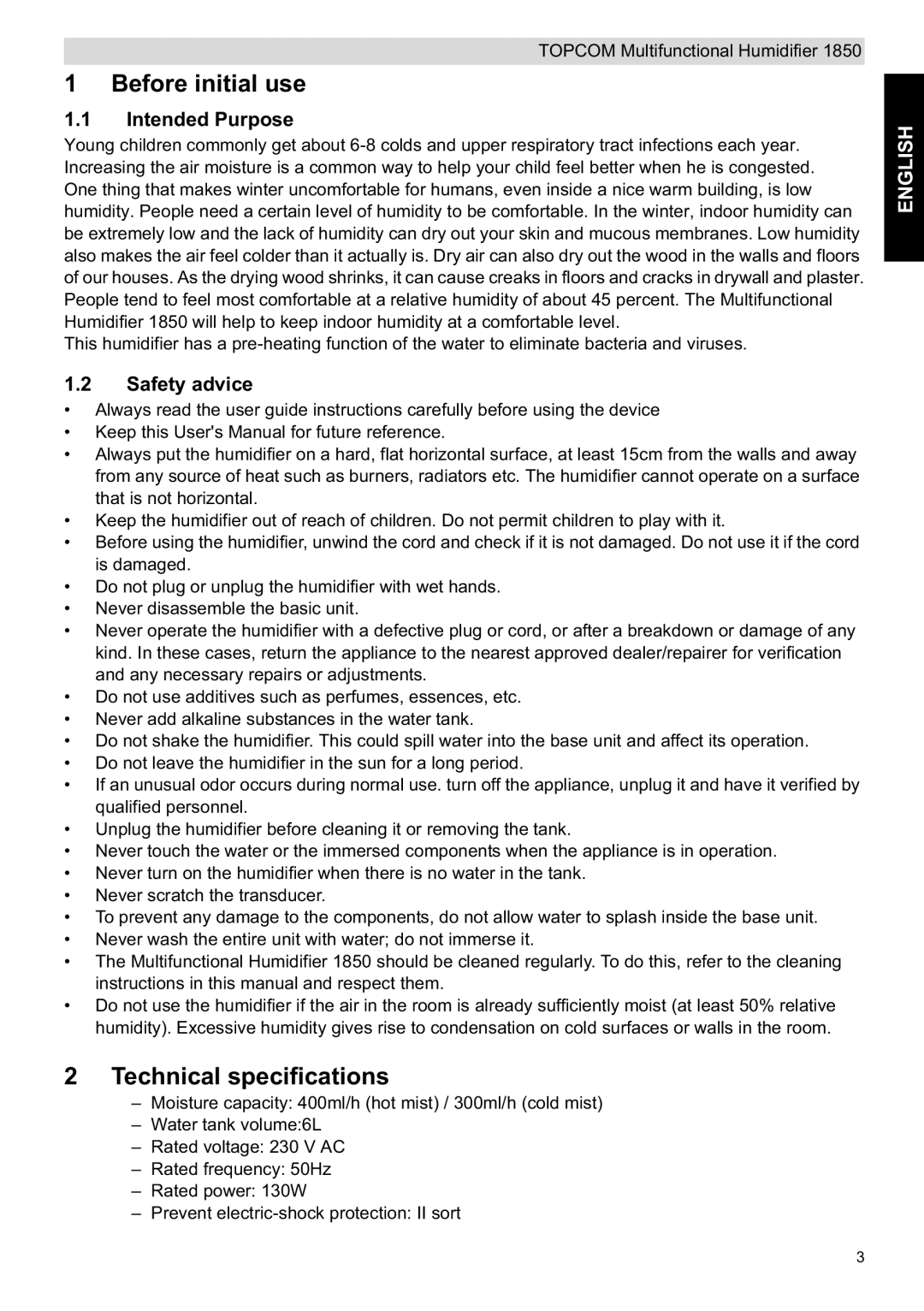 Topcom 1850 manual do utilizador Before initial use, Technical specifications, Intended Purpose, Safety advice 