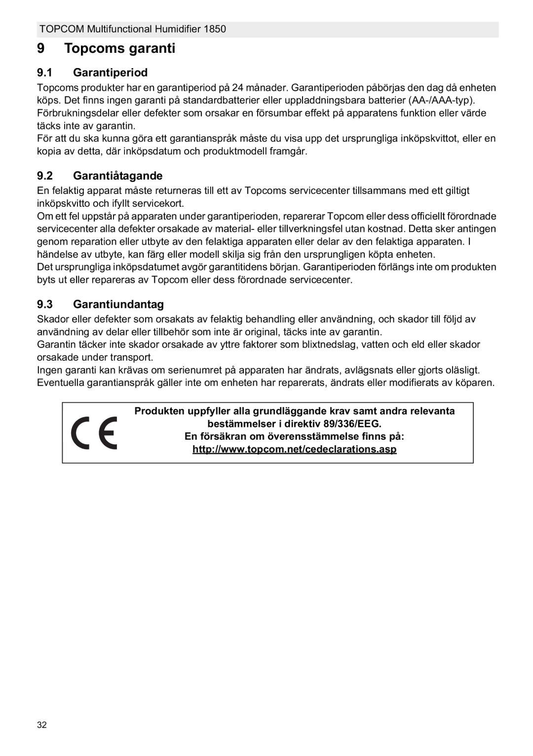 Topcom 1850 manual do utilizador Topcoms garanti, Garantiperiod, Garantiåtagande, Garantiundantag 