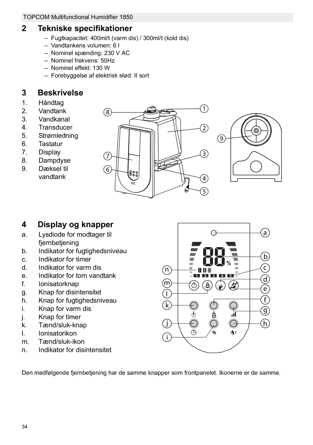 Topcom 1850 manual do utilizador Tekniske specifikationer, Beskrivelse, Display og knapper 