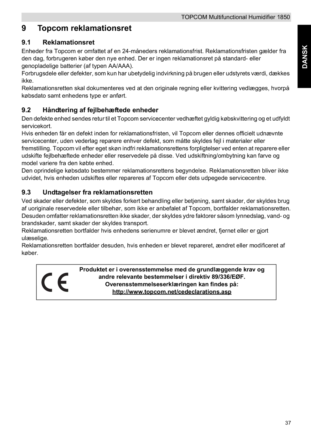 Topcom 1850 manual do utilizador Topcom reklamationsret, Reklamationsret, Håndtering af fejlbehæftede enheder 