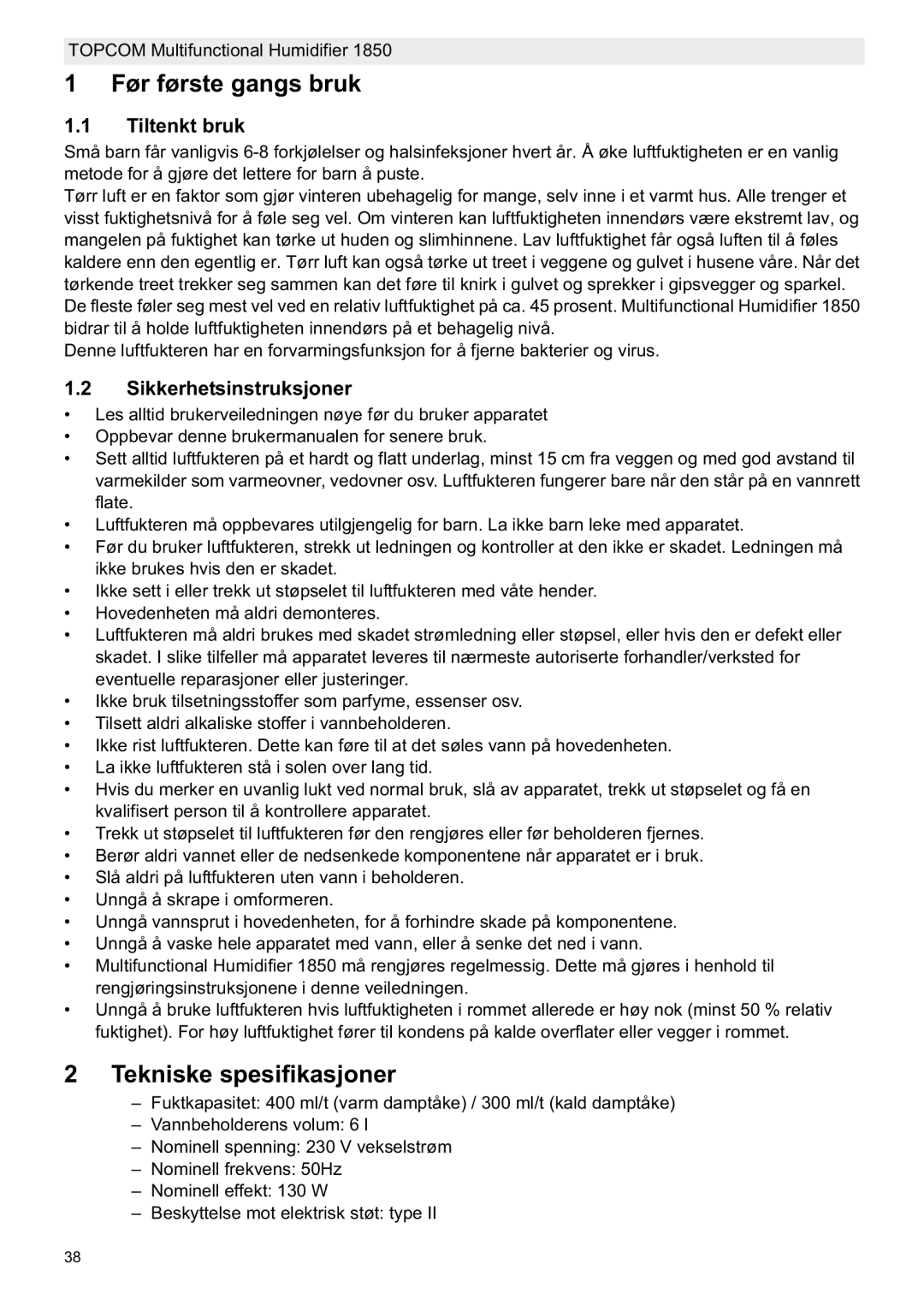 Topcom 1850 manual do utilizador Før første gangs bruk, Tekniske spesifikasjoner, Tiltenkt bruk, Sikkerhetsinstruksjoner 