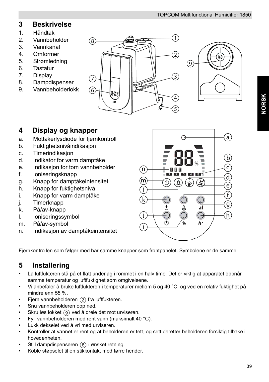 Topcom 1850 manual do utilizador Beskrivelse, Installering 