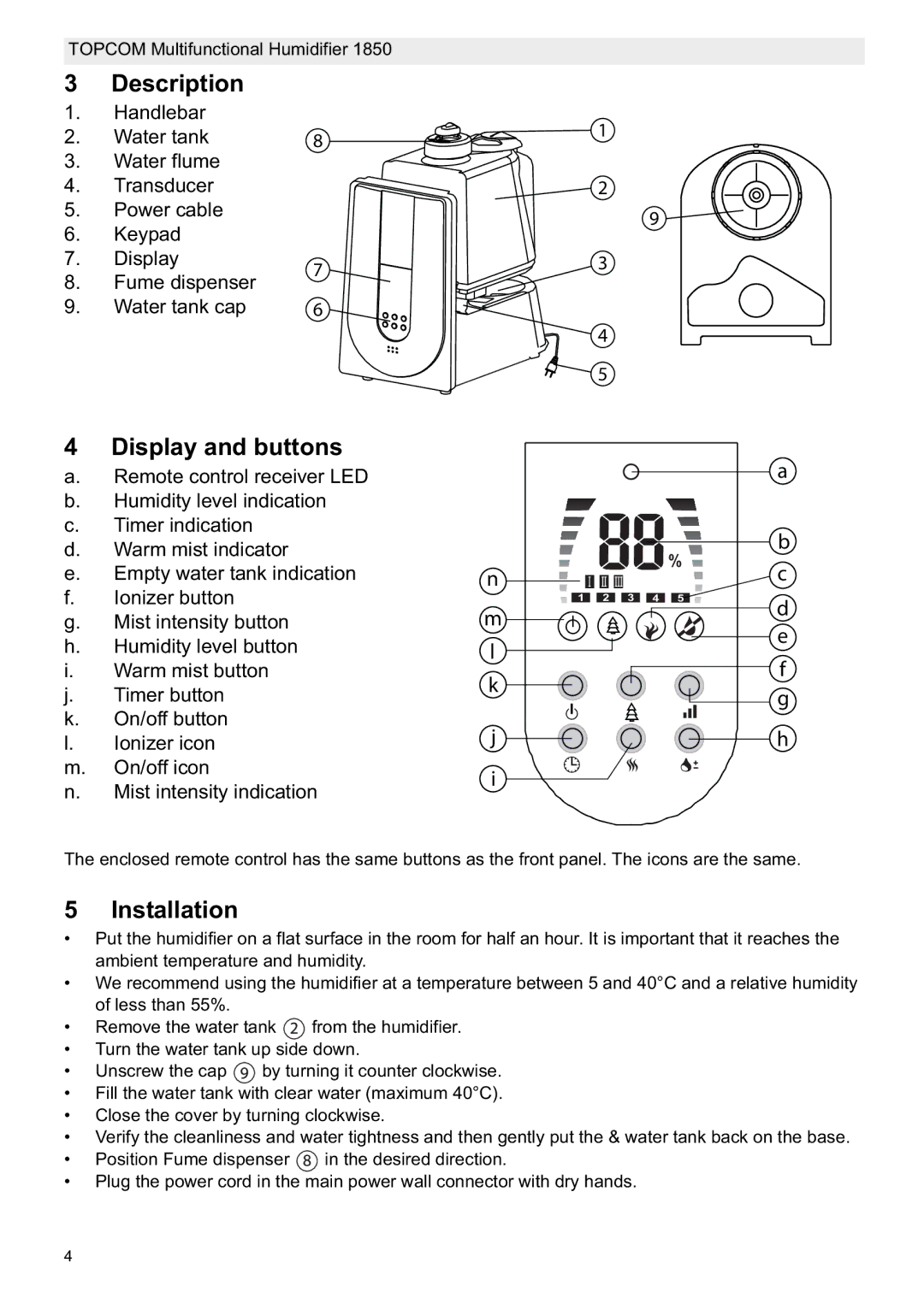 Topcom 1850 manual do utilizador Description, Display and buttons, Installation 