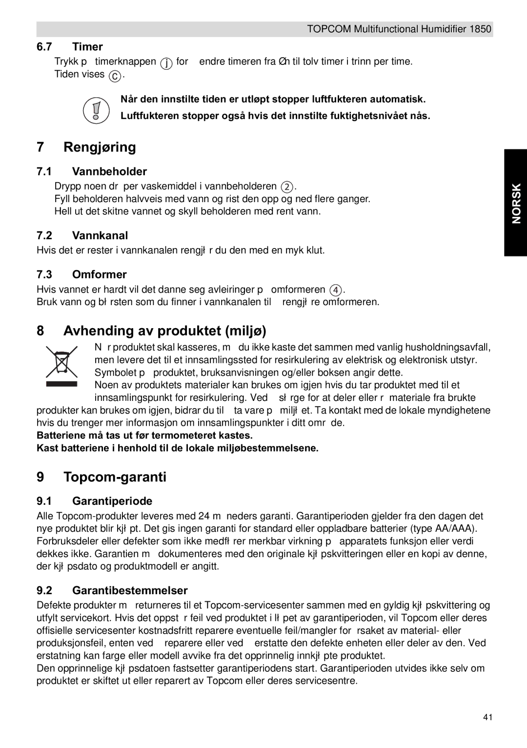 Topcom 1850 manual do utilizador Rengjøring, Avhending av produktet miljø, Topcom-garanti 