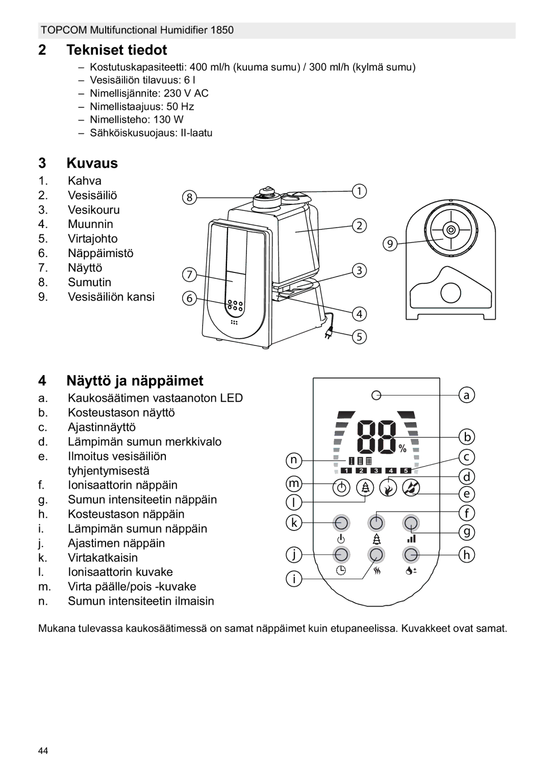 Topcom 1850 manual do utilizador Tekniset tiedot, Kuvaus, Näyttö ja näppäimet 