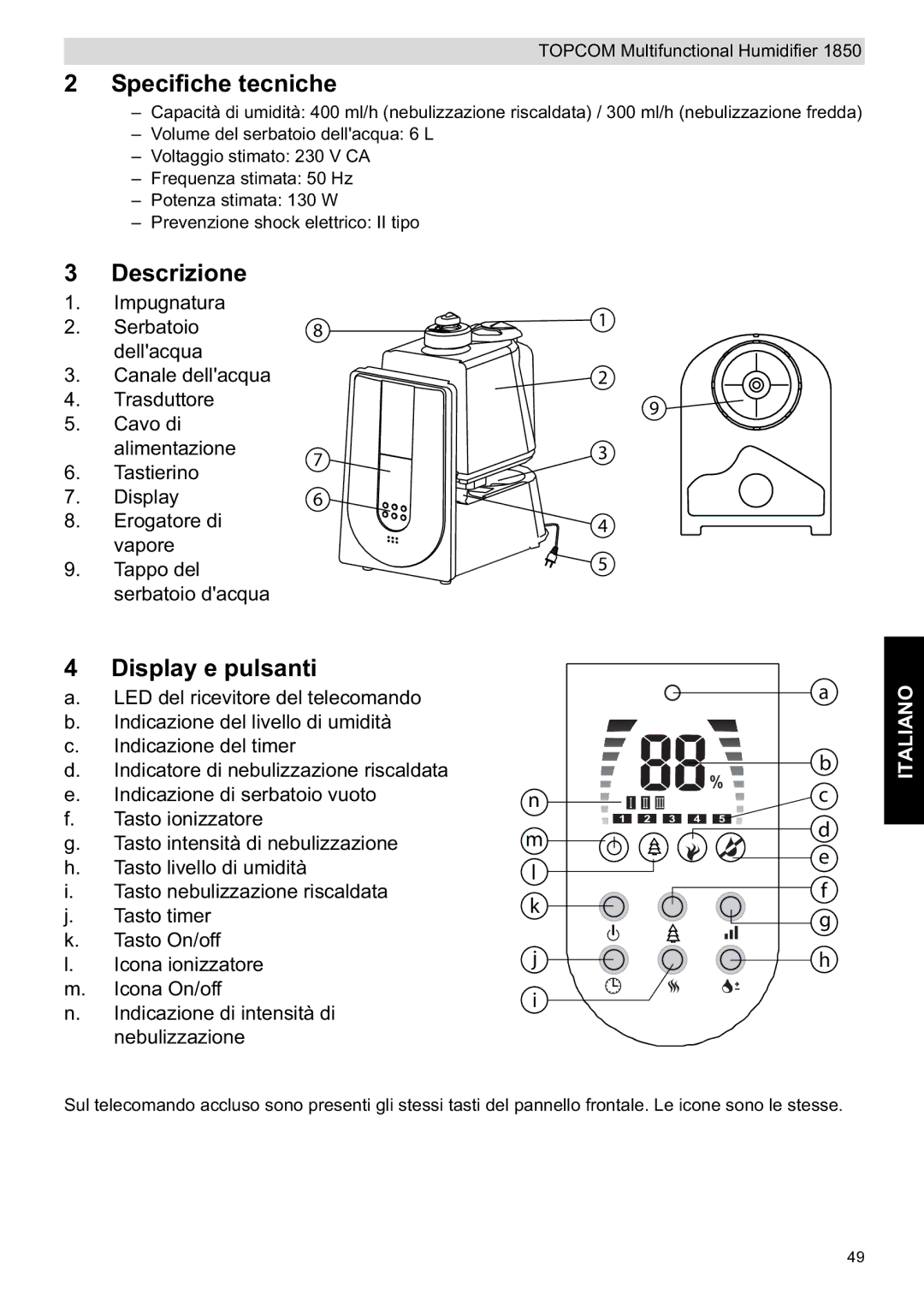 Topcom 1850 manual do utilizador Specifiche tecniche, Descrizione, Display e pulsanti 