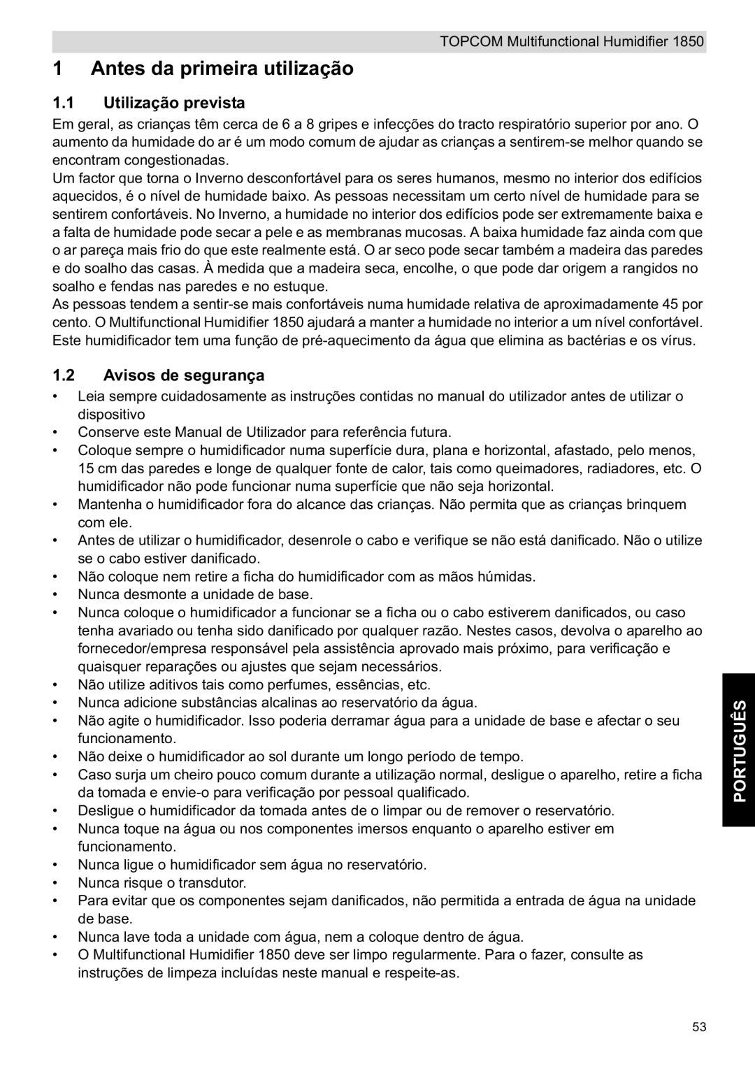 Topcom 1850 manual do utilizador Antes da primeira utilização, Utilização prevista, Avisos de segurança 