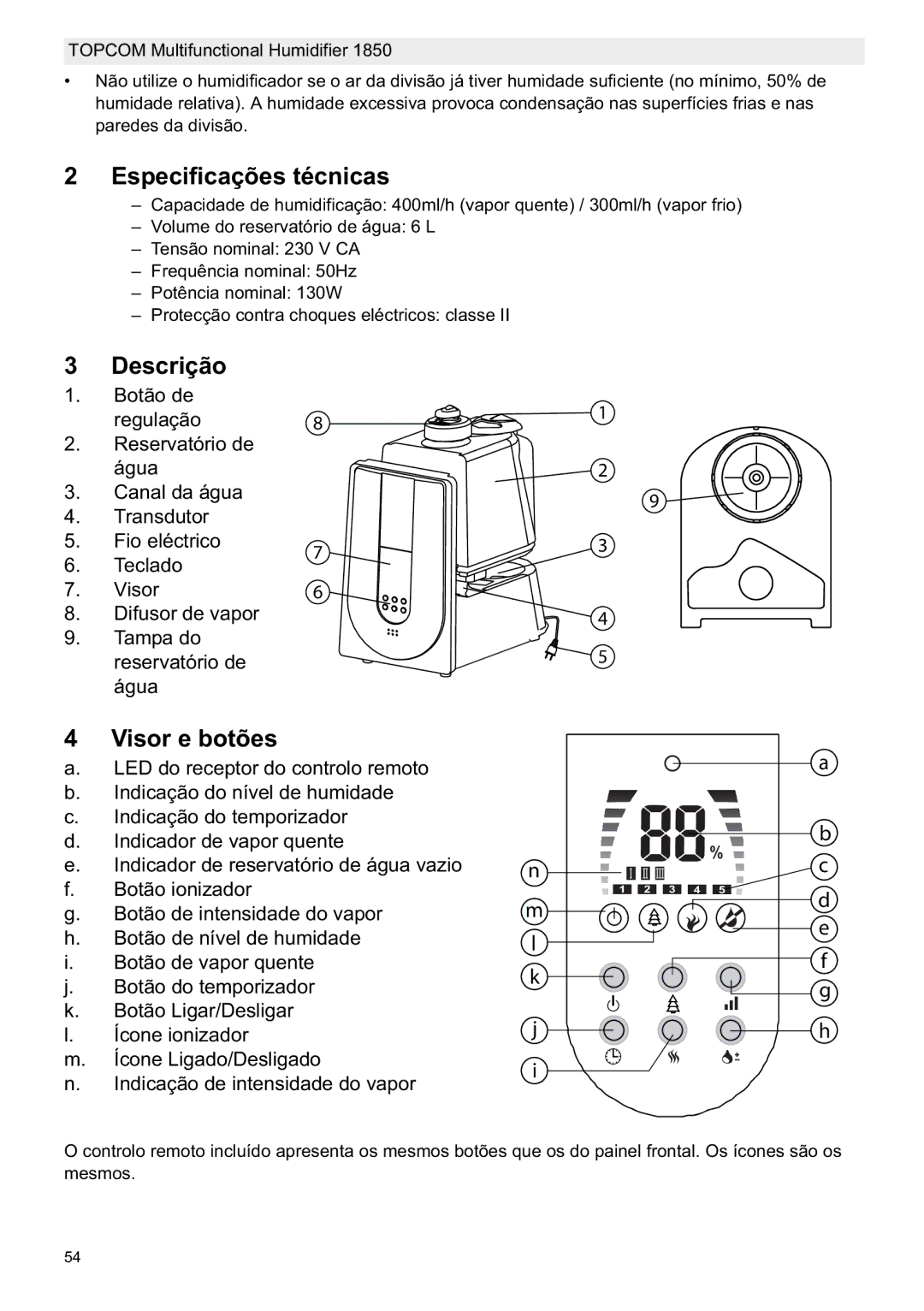 Topcom 1850 manual do utilizador Especificações técnicas, Descrição, Visor e botões 