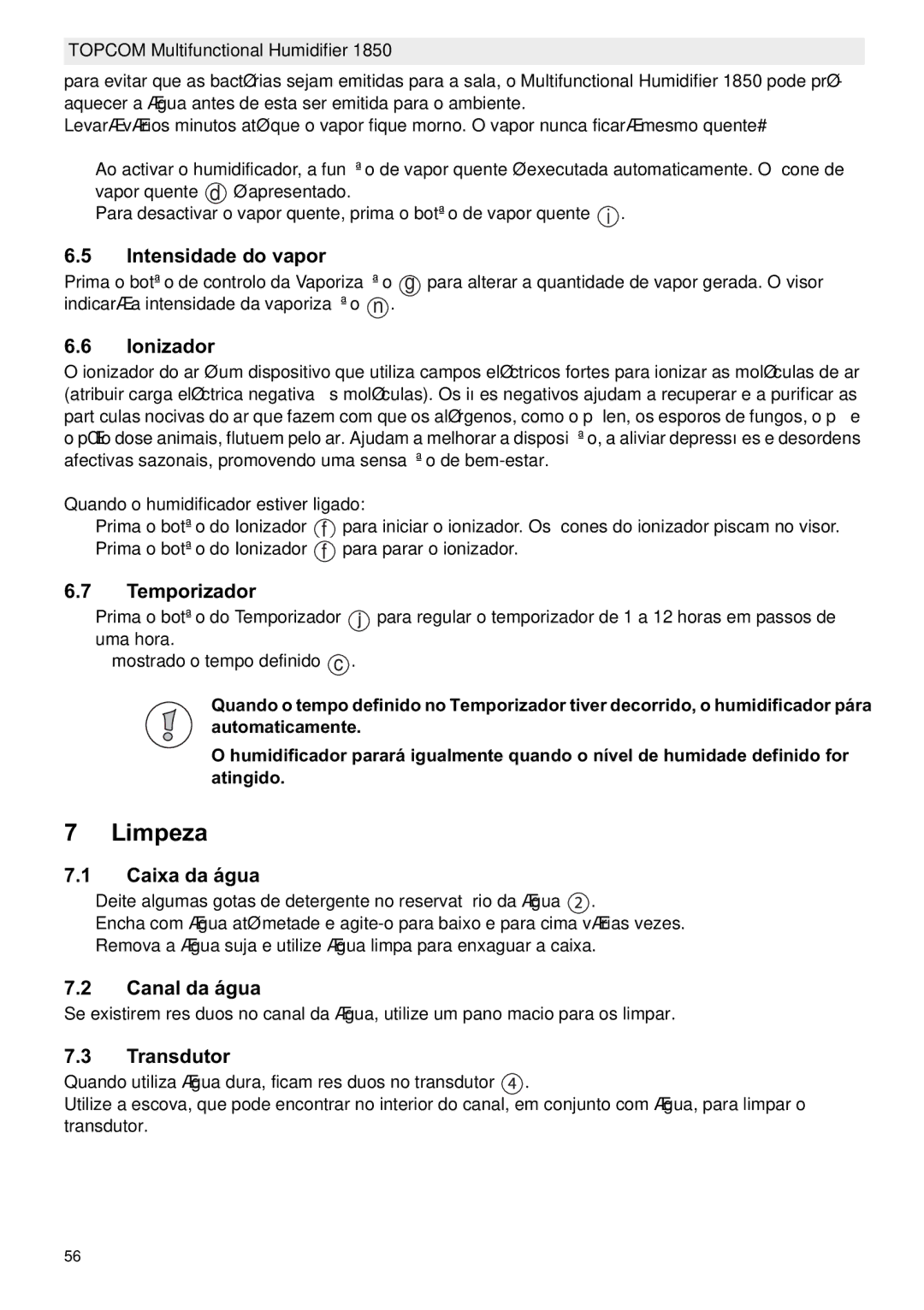 Topcom 1850 manual do utilizador Limpeza, Intensidade do vapor, Caixa da água, Canal da água, Transdutor 