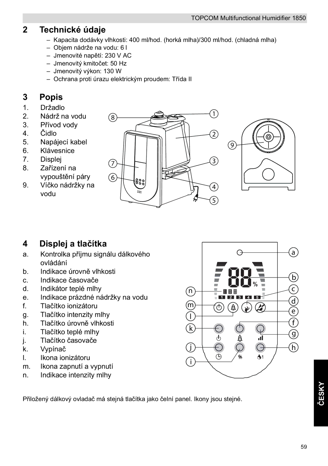 Topcom 1850 manual do utilizador Technické údaje, Popis, Displej a tla 