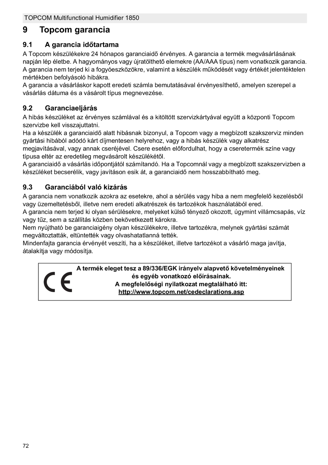 Topcom 1850 manual do utilizador Topcom garancia, Garancia id, Garanciaeljárás, Garanciából való kizárás 