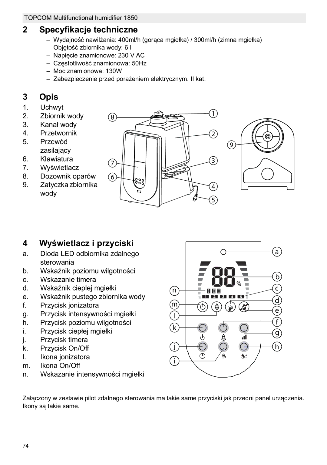 Topcom 1850 manual do utilizador Specyfikacje techniczne, Opis 