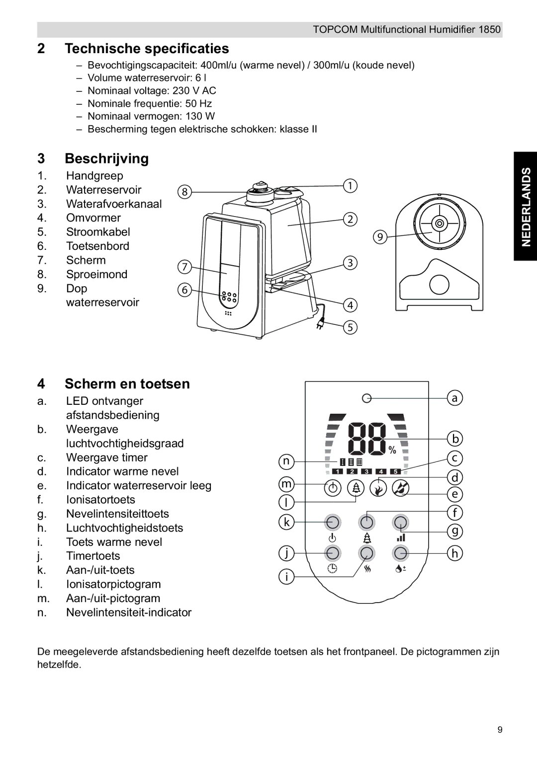 Topcom 1850 manual do utilizador Technische specificaties, Beschrijving, Scherm en toetsen 