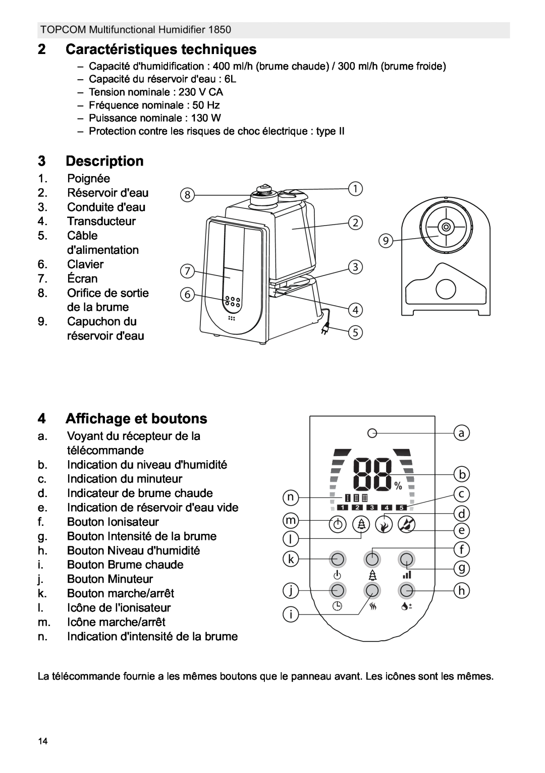 Topcom 1850 manual do utilizador Caractéristiques techniques, Affichage et boutons, Description, Poignée 