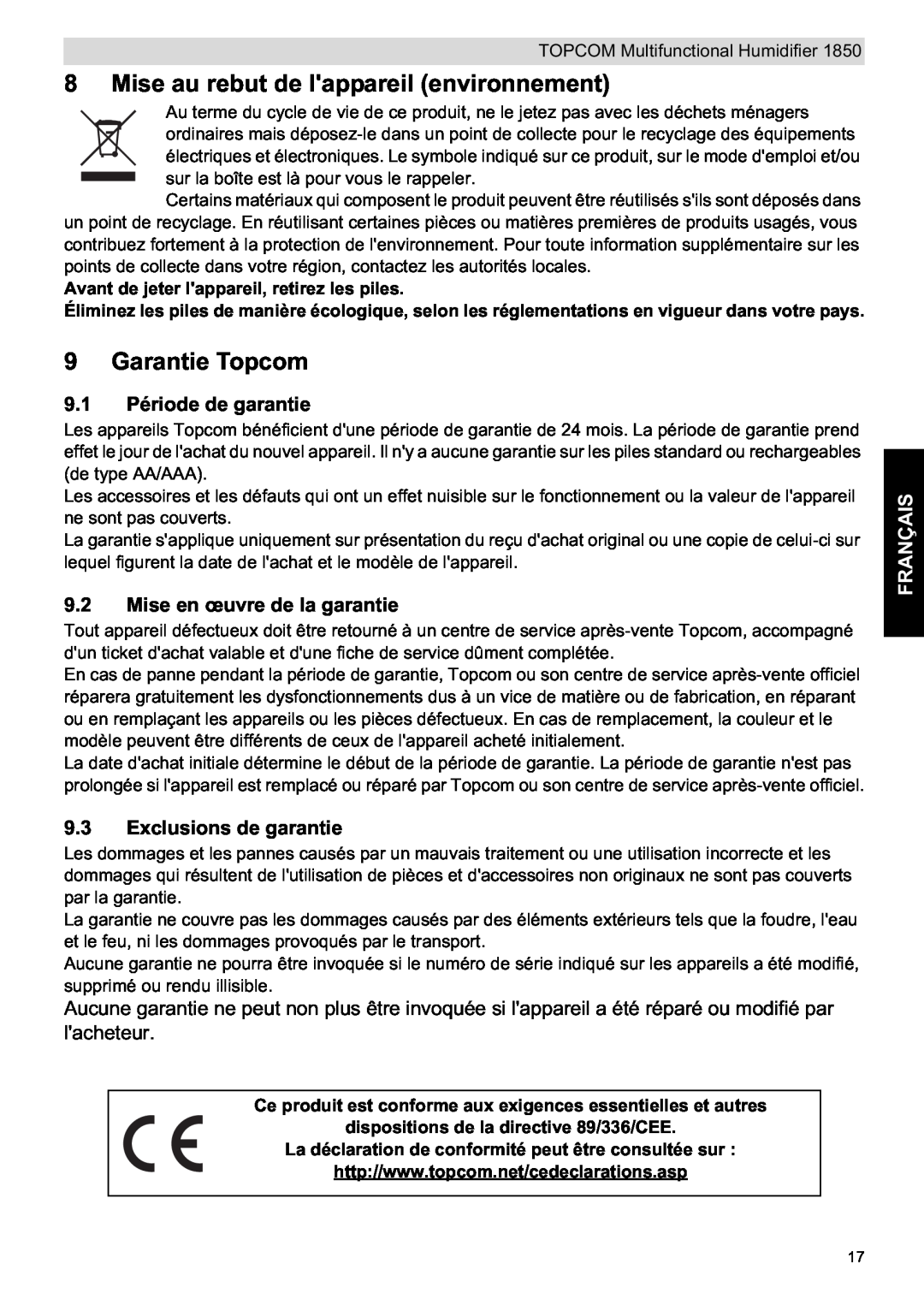 Topcom 1850 Mise au rebut de lappareil environnement, Garantie Topcom, 9.1 Période de garantie, Exclusions de garantie 